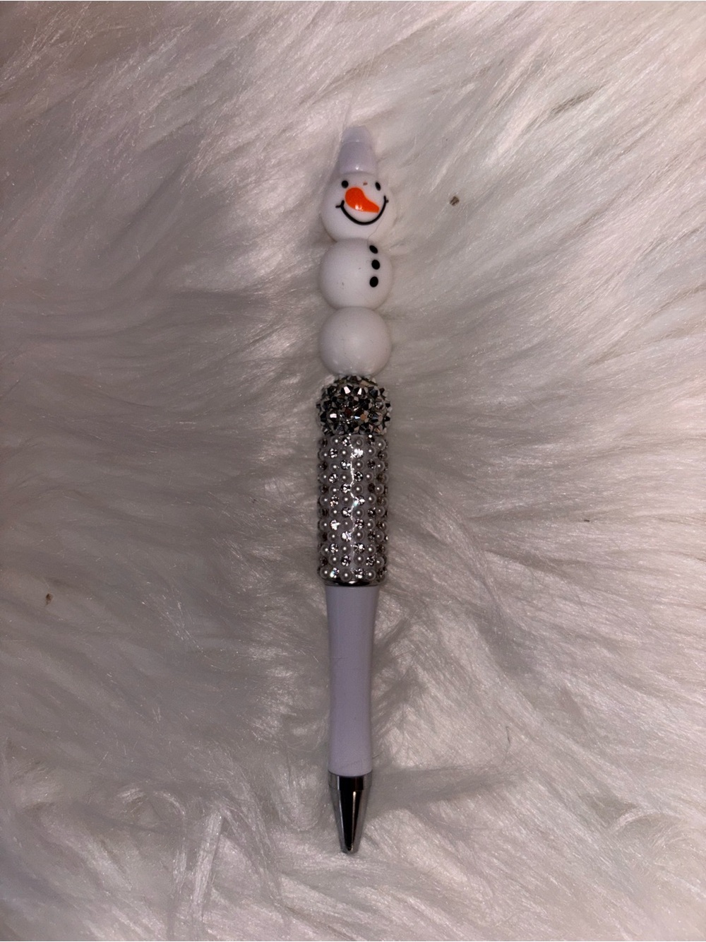 Snowman Beaded Kids Pen with Silver Rhinestones
